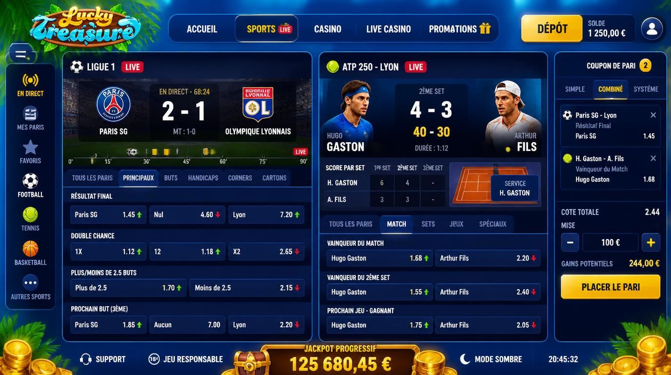 Interface de paris sportifs en direct avec Ligue 1 et tennis