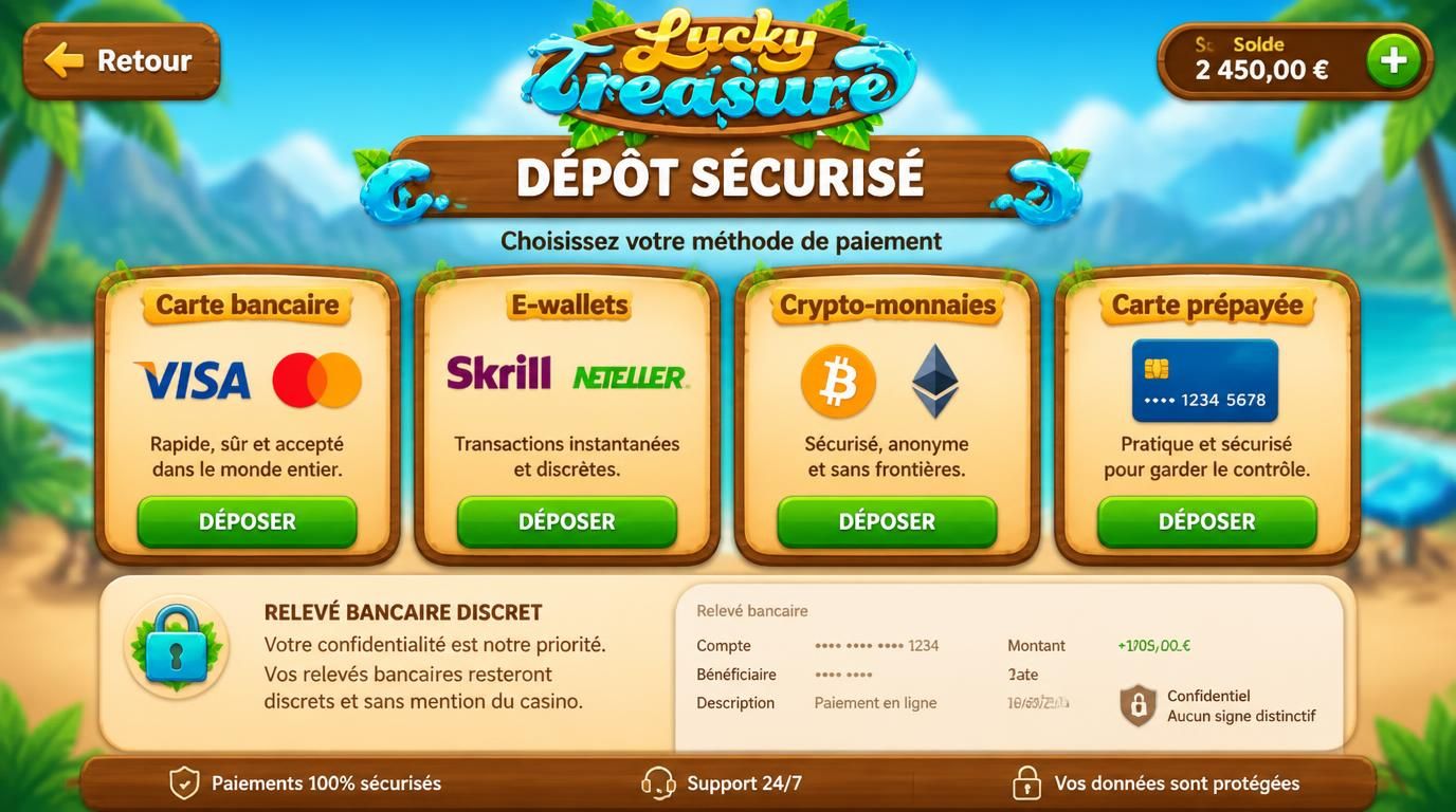 Paysage dâinterface montrant diffĂ©rentes options de dĂ©pĂŽt comme carte, e-wallet, crypto, carte prĂ©payĂ©e, dans des tons bleus dorĂ©s typiques du thĂšme