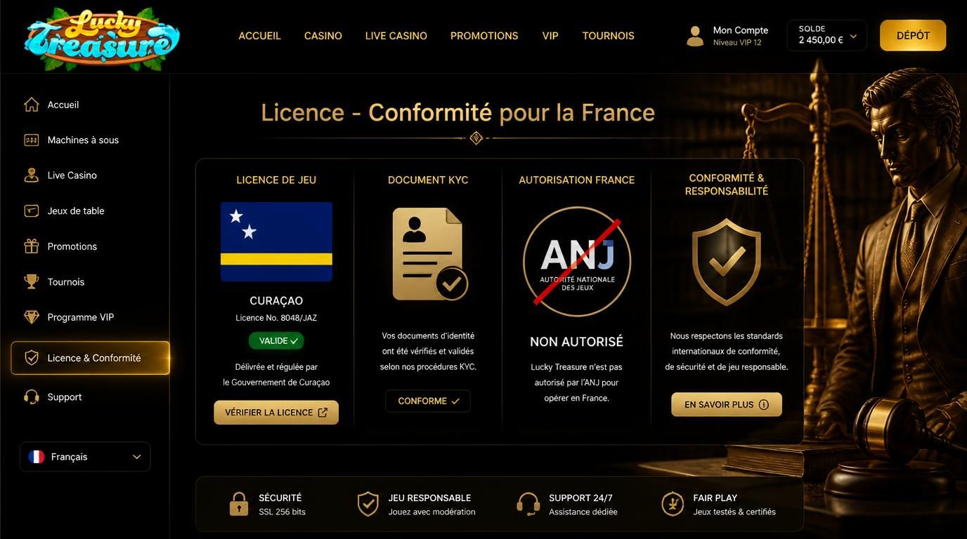 interface casino sombre avec mention licence et conformité française